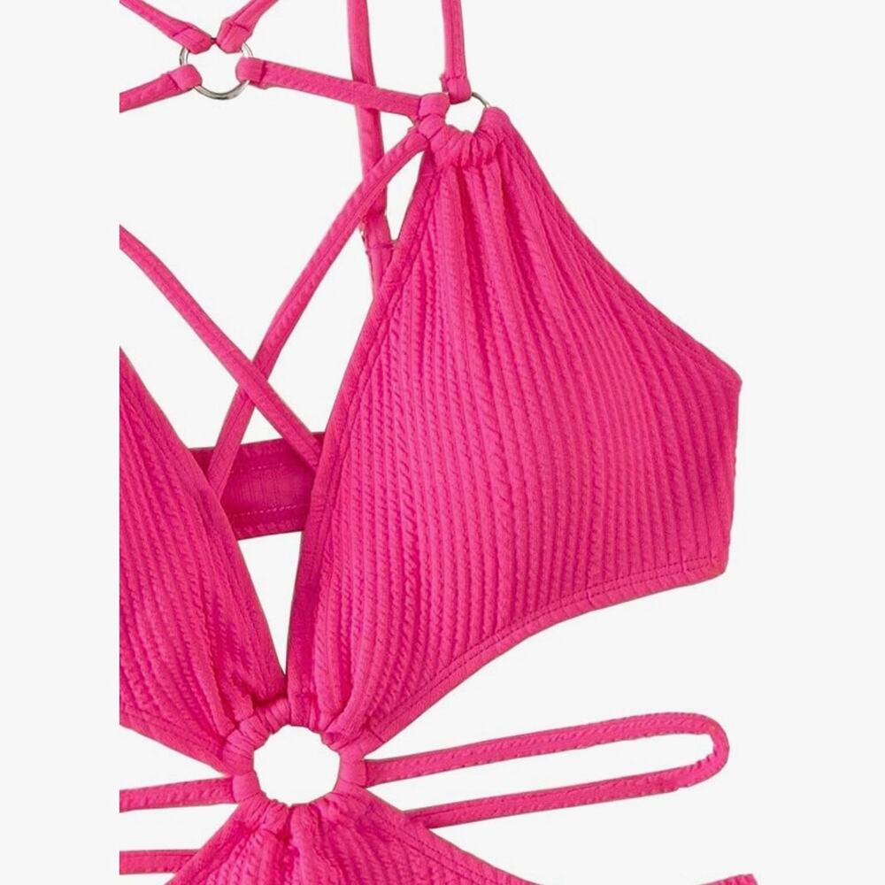 FlatterMe Pink Ribbed Cutout 1 Piece Swimsuit Ring Detail Crisscross Women Large - Picture 4 of 11